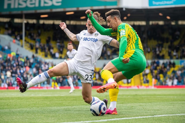 Phillips closes down West Brom's Callum Robinson as Leeds claimed a 3-1 victory over the Baggies at Elland Road in May 2021.