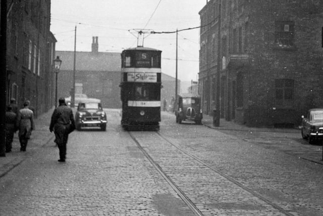 A tram on Sovereign Street on route no. 5 to Beeston on the last day in October 1954.