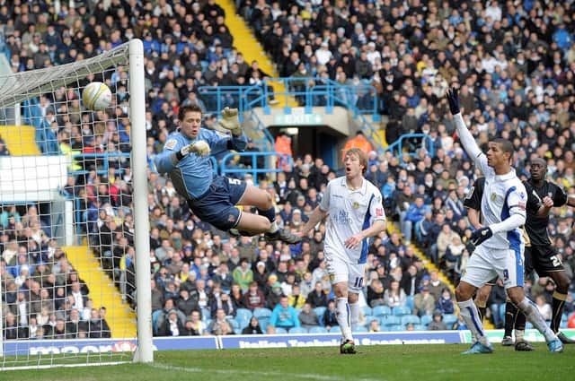 BIG SAVE - Leeds United striker Jermaine Beckford has an effort kept out by Brentford keeper Wojciech Sczcesny. Pic: Simon Hulme