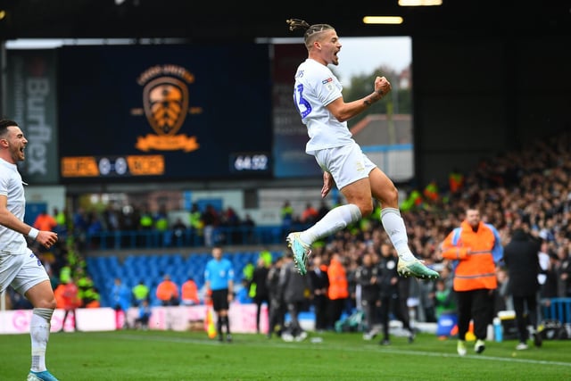 Phillips scores the winning goal in the Whites' 1-0 victory over Birmingham City as Leeds United celebrate their centenary in October 2019.
