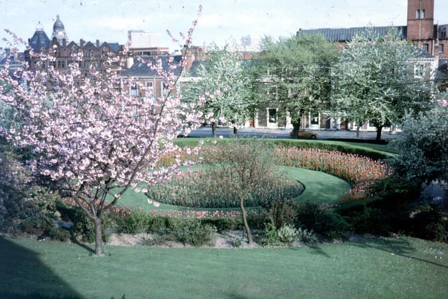 Woodhouse Square from Claremont Avenue in the spring of 1978. The view looks left across the Inner Ring Road and Great George Street. The conical tower far left and red brick building belongs to the former Centaur Clothing Factory.