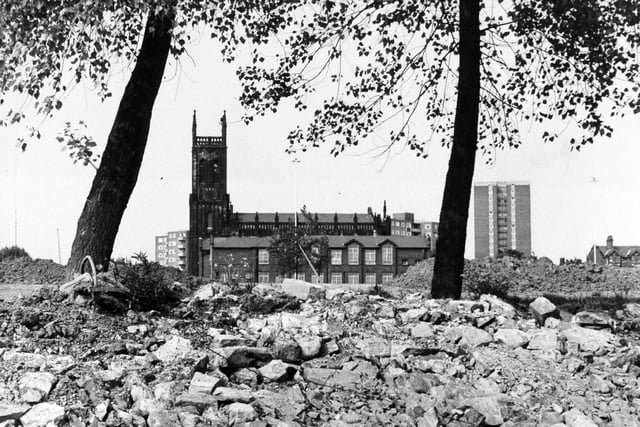 A new view of  Waterloo Church and St Mary's School emerged in June 1978 after the last of the Quarry Hill flats complex had been demolished.