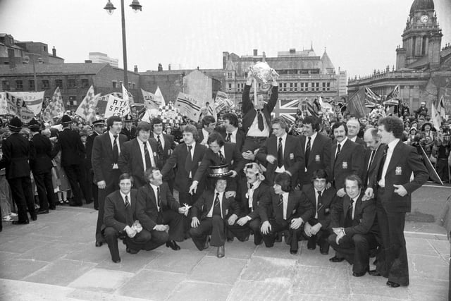 May 1978 and Leeds RL celebrate with the Challenge Cup at a civic reception in the city centre. They beat St Helens 14-12 in the final at Wembley.