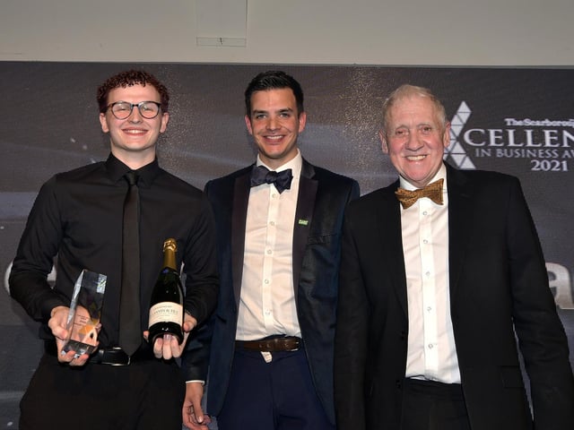 Cameron Norman, left, who works at MCA Priceholme care home, won Social Care Hero; pictured with Harry Gration, and Aaron Padgham from sponsors St Cecilia's Care Group.