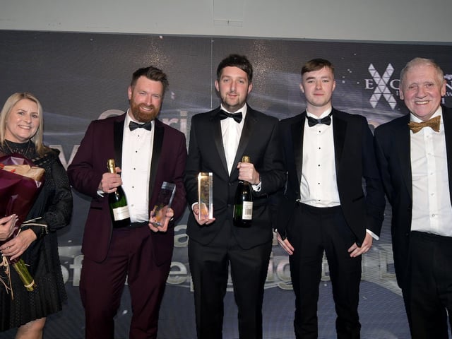 Joint winners of the Gary Ledden Young Entrepreneur of the Year award, Dan Eland, second left, and Chris Marson, centre, with sponsors Corey Ledden, second right, and Alison Ledden, and compere Harry Gration.