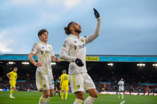 PERFECT START: Tyler Roberts celebrates as Dan James, left, comes to join the Whites forward after firing Leeds United ahead in Sunday's Premier League clash against Brentford at Elland Road. Picture by Tony Johnson.