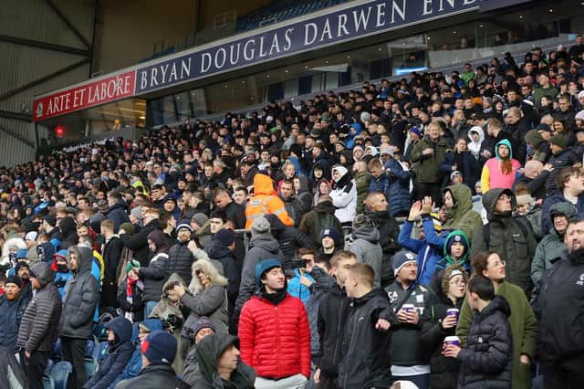 Preston North End supporters in the Darwen End at Ewood Park