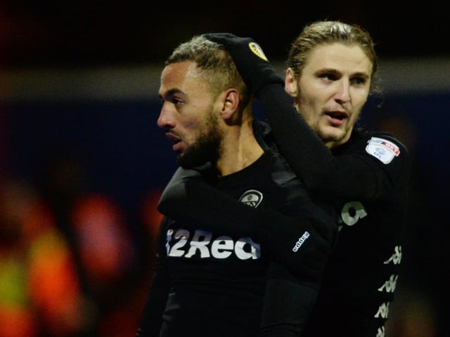 Keemar Roofe celebrates his opening goal with Pawel Cibicki.