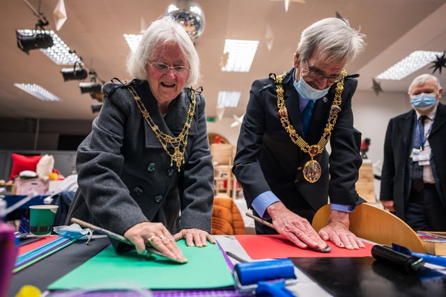 Mayor of Lancaster Councillor Mike Greenall and Mayoress Margaret Greenall at a workshop for the More Music Lantern Festival. Picture by Robin Zahler.