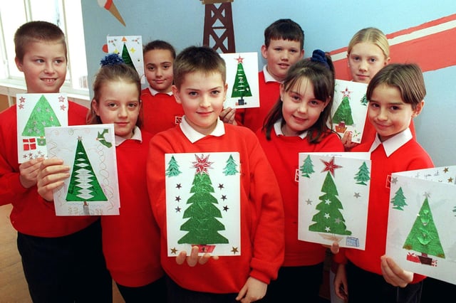 Schoolchildren around Blackpool were busy making Christmas cards for the Homeless Project, 1998. Pic shows some of the youngsters from Hawes Side School with their cards, front L-R: Kane Pragnell, Lauren Owen, Chad Briggs, Heather Murray and Darren Sintes. Back: Rebecca Brown, Scott Brambles and Natalie Mills.