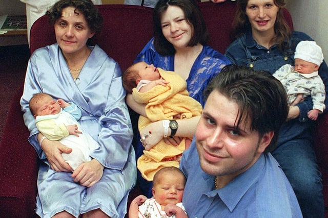 Babies born at Victoria Hospital, Blackpool, on Christmas Day, 1998. Proud dad Paul Lever is pictured holding his son James. Seated with their newborns are mums  Jane McEvoy and Tegan, Neshia Walsh and Mary, Jacqueline Burr and Jake.