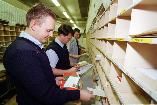 Sorting Christmas mail at Blackpool post office, 1998