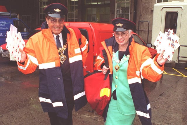 Helping out as 'Posties', for the Christmas rush, the Mayor of Blackpool - Councillor Les Kersh and the Deputy Mayor of Blackpool - Councillor Sue Wright, during their visit to the Royal Mail sorting office at  Edward Street, Blackpool, 1996