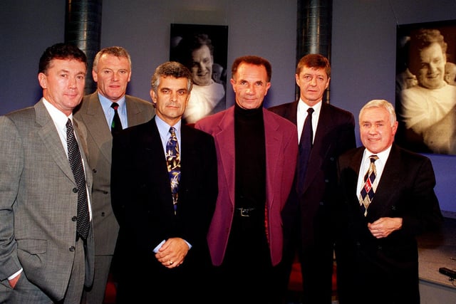 Leeds United legends, from left, Trevor Cherry, Eddie Gray, Mick Bates, Paul Reaney, Allan Clarke and Bobby Collins who are pictured in the Yorkshire Television studios after appearing on a tribute programme to Billy Bremner.