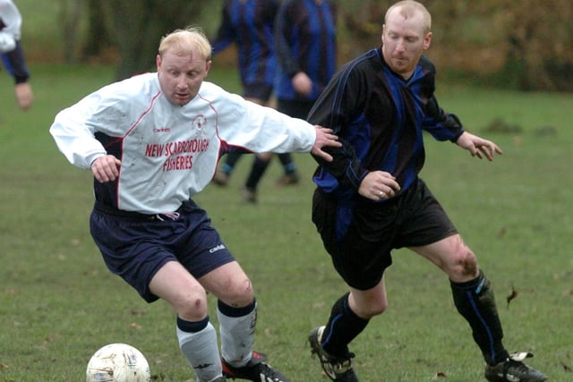 Two Brewers v Alverthorpe, Division 1 Wakefield Sunday League, Neil Popplewell of Alverthorpe shields the ball from Mick Scott of Two Brewers