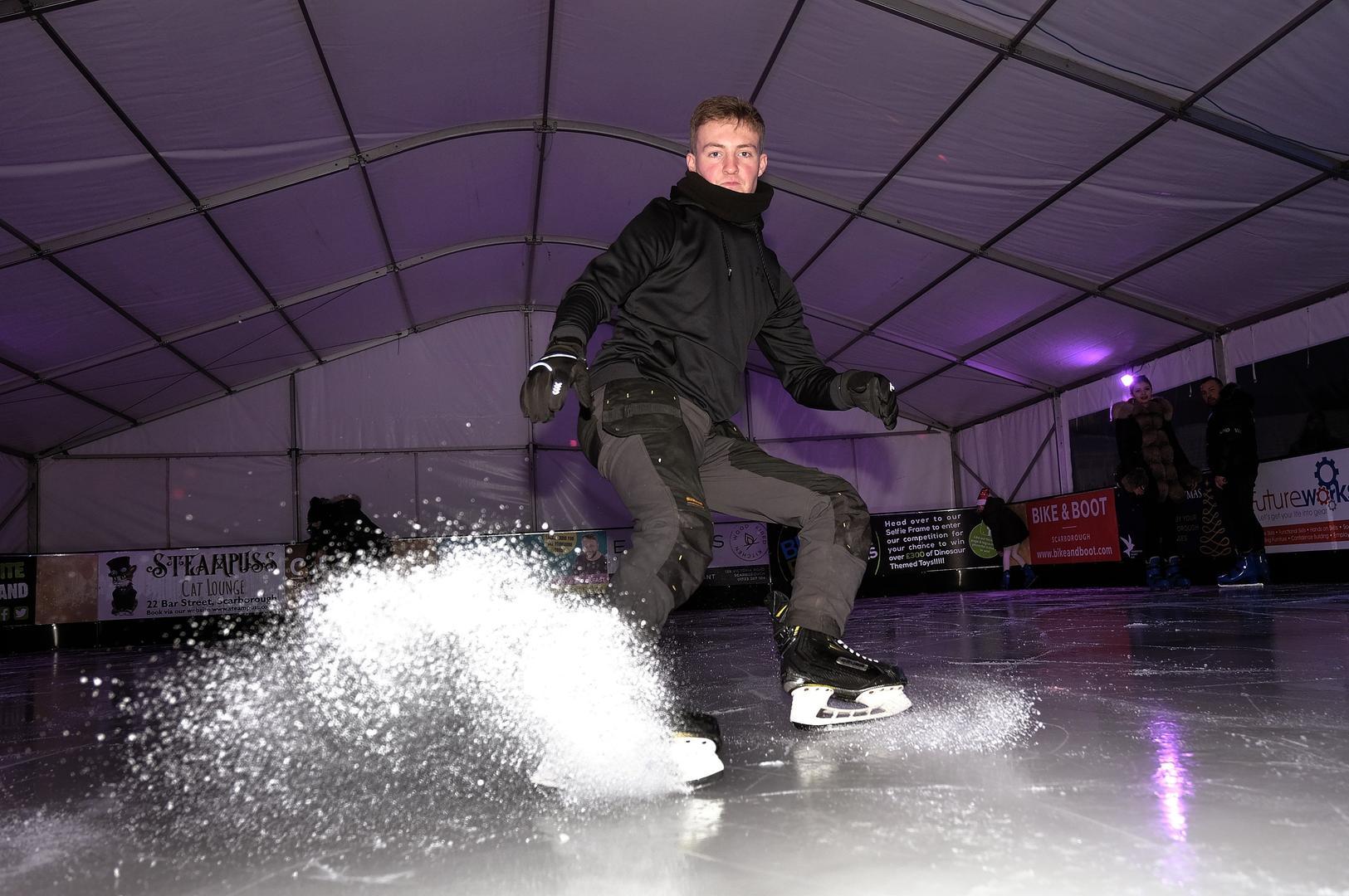 Sam Anderson kicks up some fresh ice.