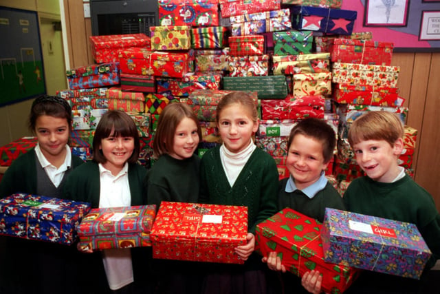 Pupils from Highfield Primary in Moortown are pictured with with their shoeboxes for Operation Christmas Child, which were to be sent to disadvantaged children in eastern Europe. Pictured with the boxes are, from left, Emily Smithies, Charlotte Martin, Jessie Lowe, Laura Wood, Billy Waters and Robert Hirst.