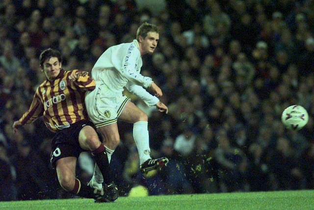 Stephen McPhail gets the better of Bradford City's Gareth Whalley during the League Cup third round clash at Elland Road in October 1998. Leeds won 1-0.