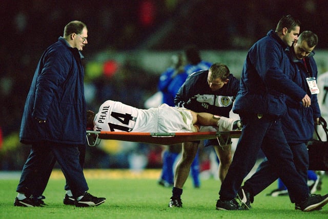 Stephen McPhail is stretchered off because of a ankle injury during the Worthington Cup fourth round match against Chelsea at Elland Road in November 2001.