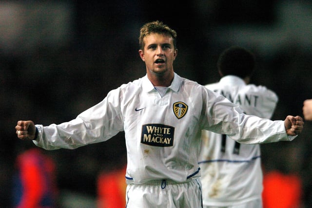 Stephen McPhail celebrates after his free-kick put Leeds United ahead against Manchester City at Elland Road in March 2004. The Whites won 2-1.