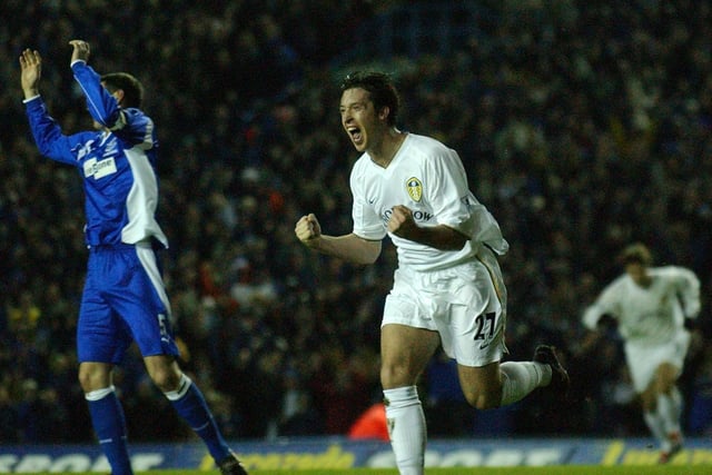 Robbie Fowler celebrates scoring his first goal for Leeds United.
