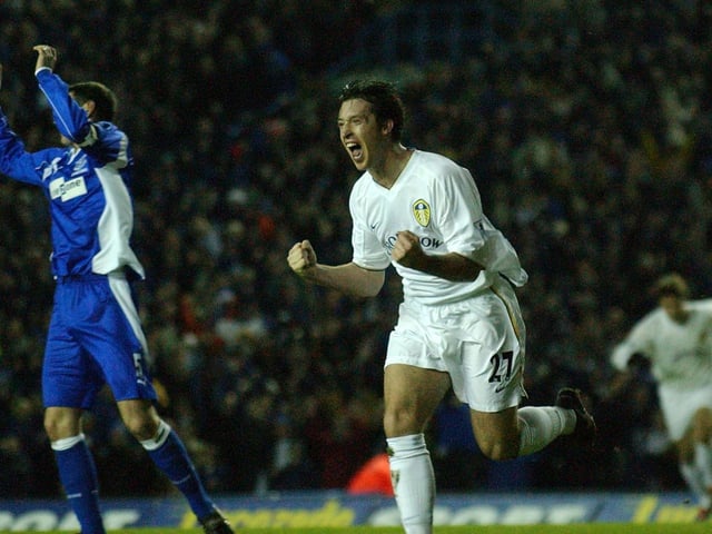 Robbie Fowler celebrates scoring his first goal for Leeds United.