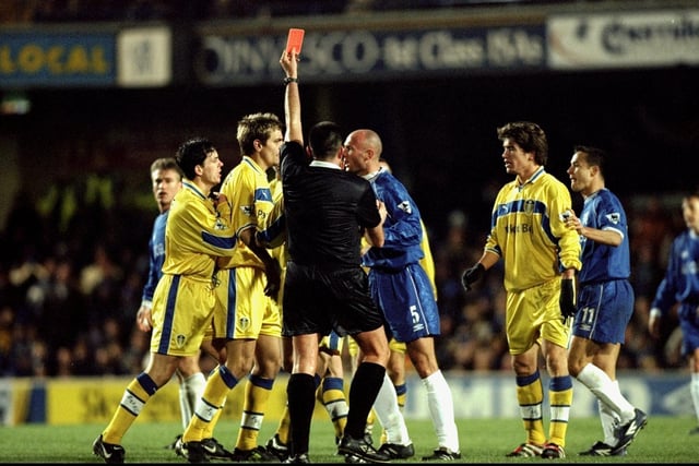Chelsea's Frank Leboeuf is shown the red card by referee Jeff Winter following a stamping incident. PIC: Getty