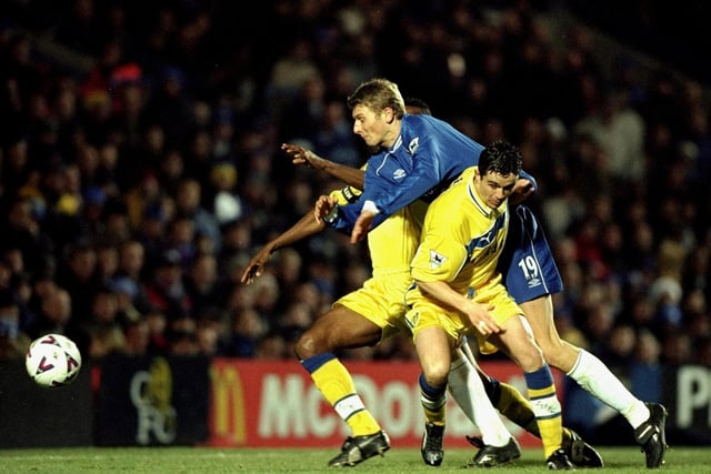 Chelsea striker Tore Andre Flo gets sandwiched between Lucas Radebe and Gary Kelly.