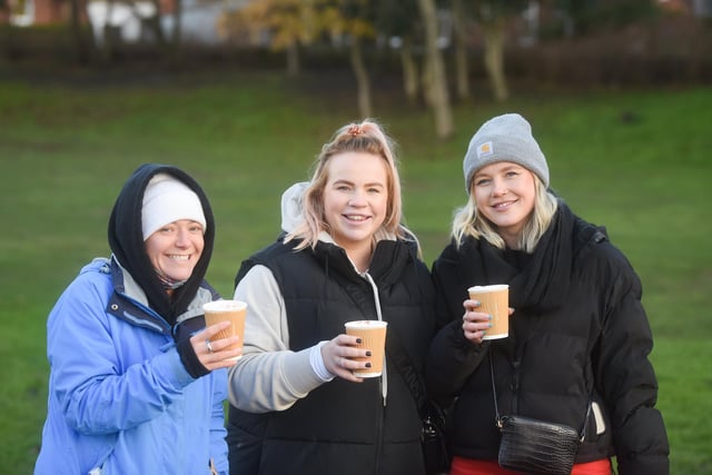 Shivvy Roach, Ellie Hack and Lucy Bishop enjoy a warming brew