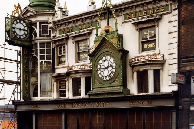 The Grade II listed Time Ball buildings on Briggate in November 1979. They date from the early 19th century but much of the elaborate facade was added from 1872 when John Dyson, watchmaker, became established here.