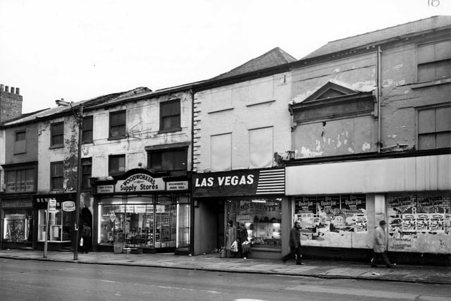 Kirkgate in Cecember 1979. Pictured, from left, is Kirkgate Anglers' fishing tackle, Derby Bar Cafe, Woodworkers Supply Stores D.I.Y. and Las Vegas amusements.