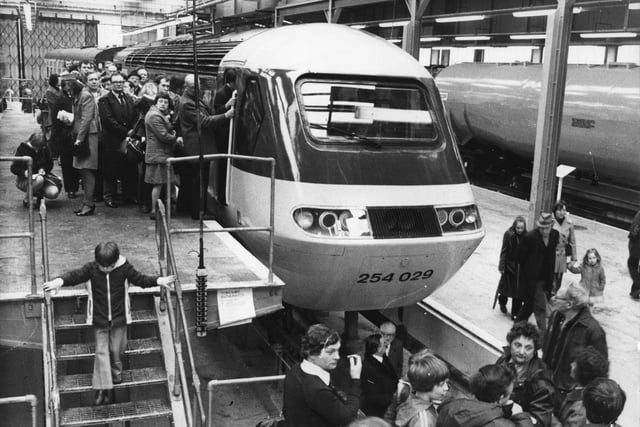 The queue of people waiting to inspect a high speed train, just one of three on display at the Neville Hill Open Day in April 1979.