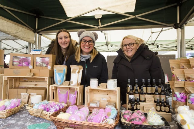 Light up the Valley event at Mytholmroyd Community Centre. From the left, Hana Heaton, Rachel Heaton and Becki Holmes at Inno Scent Bath Bombs at the outdoor market.