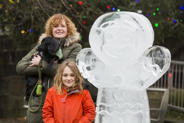 Light up the Valley event at Mytholmroyd. Sally Willis with dog Stanley, and Asher Wakefield, eight, look at one of the ice sculptures by Sand in Your Eye.
