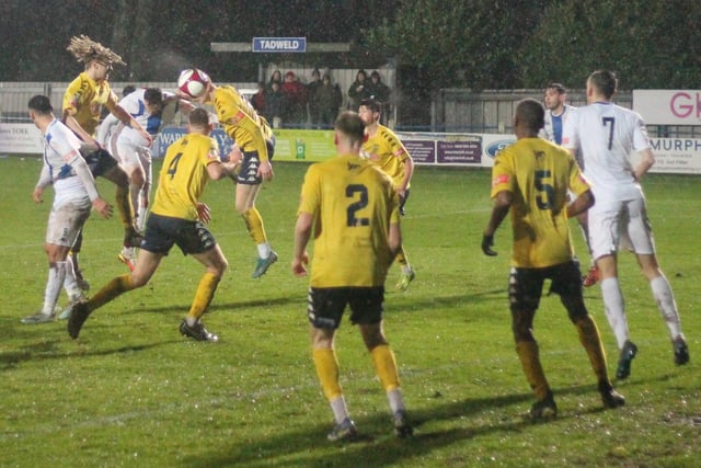 An aerial battle in Liversedge's game with Tadcaster Albion. Picture: Keith Handley