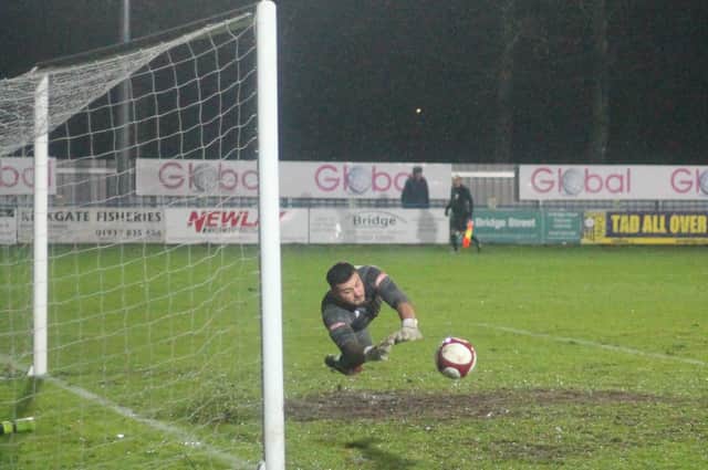 Goalkeeper Joran Porter makes a fine save and was to keep a clean sheet for Liversedge at Tadcaster Albion. Picture: Keith Handley
