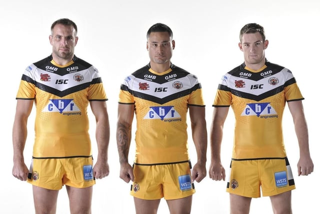 Andy Lynch, Weller Hauraki and Daryl Clark in the Castleford Tigers kit for the 2014 season.