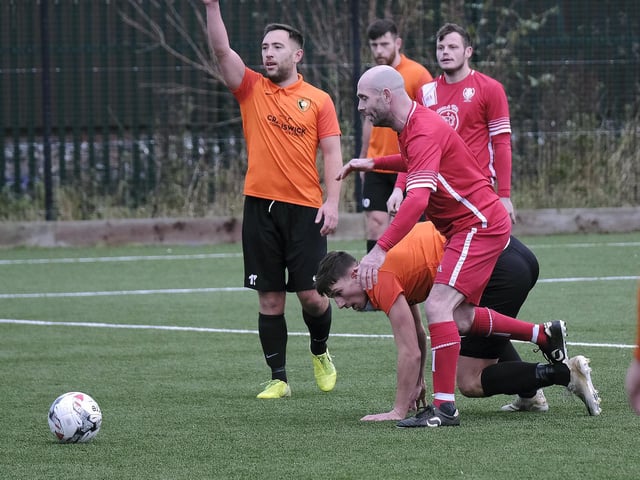 Newlands' Jamie Gallagher pushes on in the win at Edgehill in the Scarborough Saturday League first division.
Photos by Richard Ponter