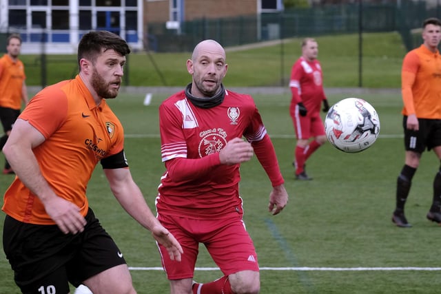 Newlands' Jamie Gallagher tries to beat Edgehill skipper Joe Gallagher to the ball in the Scarborough Saturday League first division clash.

Photos by Richard Ponter