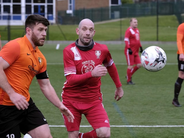 Newlands' Jamie Gallagher tries to beat Edgehill skipper Joe Gallagher to the ball in the Scarborough Saturday League first division clash.
Photos by Richard Ponter