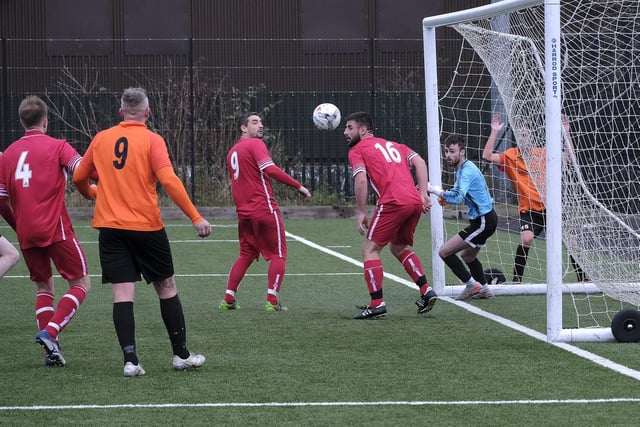 Newlands head the ball off the line in the Scarborough Saturday League first division 3-1 win at Edgehill

Photos by Richard Ponter