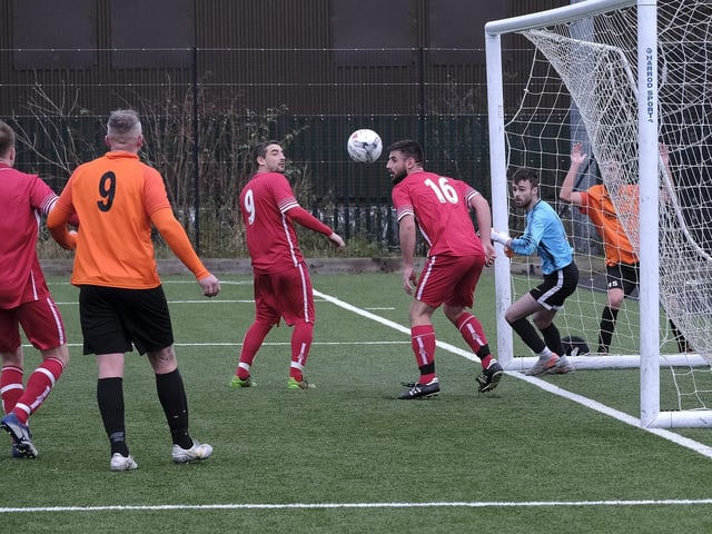 Newlands head the ball off the line in the Scarborough Saturday League first division 3-1 win at Edgehill
Photos by Richard Ponter