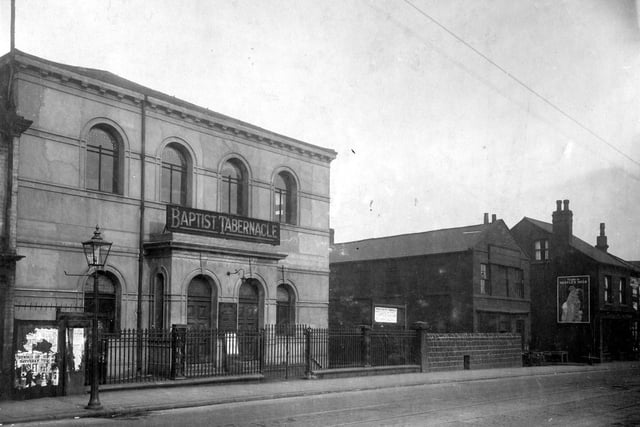 The Baptist Tabernacle on Low Road at Hunslet in October 1929. Established 1836, a brick building with plastered front and porch. This is the oldest non-conformist chapel in Leeds still being used for worship. It is a grade II listed building.
