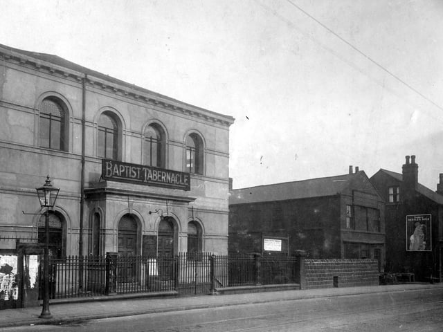 The Baptist Tabernacle on Low Road in October 1929. Established 1836, a brick building with plastered front and porch. This is the oldest non-conformist chapel in Leeds still being used for worship. It is a grade II listed building.
