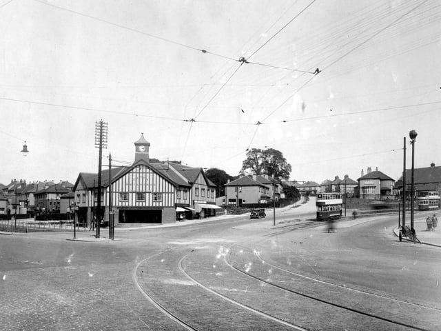 The Clock Buildings on Roundhay Road in May 1929. Upland Road is in the centre and Easterly Road to the right. This is the future site of the Clock Cinema, opening in 1938. The well known Fforde Grene was to be opened to the public by the Melbourne Brewery on 25th November 1938, on a site just out of view on the right.