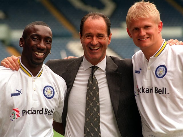Jimmy Floyd-Hasselbaink is pictured with fellow new signing Alf-Inge Haaland and manager George Graham in June 1997. PIC: Steve Riding