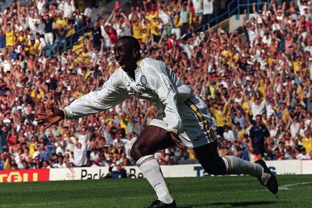 Jimmy Floyd-Hasselbaink celebrates scoring on his Premier League debut against Arsenal at Elland Road in August 1997. PIC: Varley Picture Agency