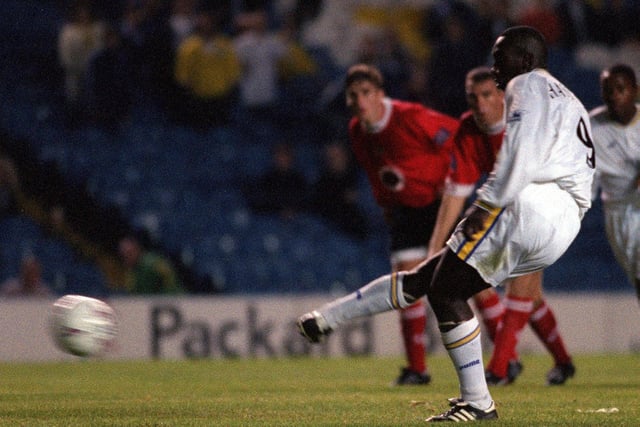 Jimmy Floyd-Hasselbaink fires home from the penalty spot during Leeds United's Coca-Cola Cup round two first leg clash against Bristol City at Elland Road in September 1997.