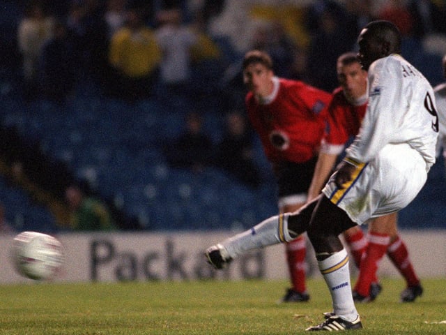 Jimmy Floyd-Hasselbaink fires home from the penalty spot during Leeds United's Coca-Cola Cup round two first leg clash against Bristol City at Elland Road in September 1997.
