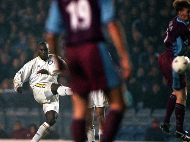Jimmy Floyd-Hasselbaink fires home during the Premier League clash against West Ham United at Elland Road in November 1997. He bagged a hat-trick in a 3-1 win.